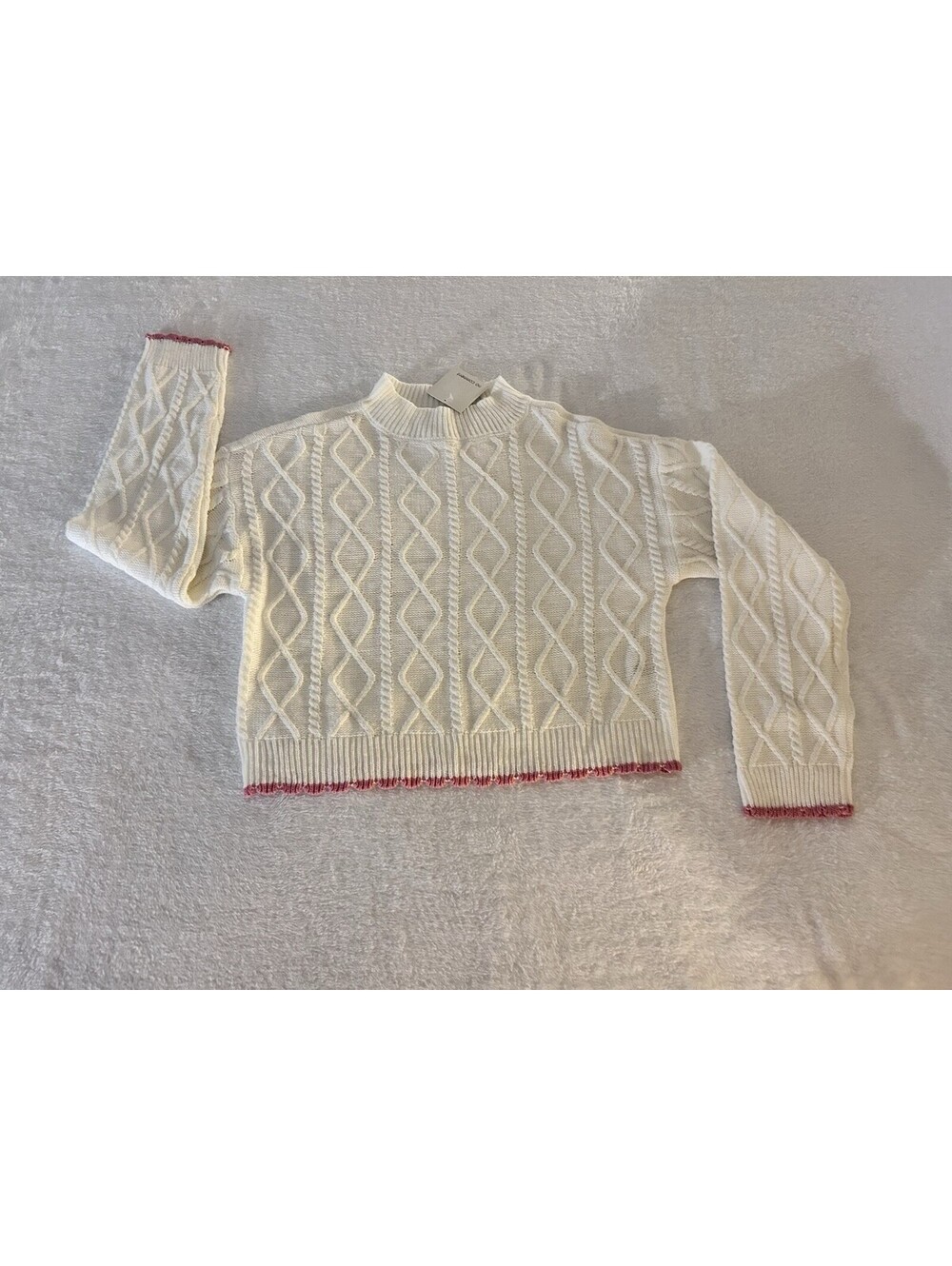 No Comment Crop Top Knit Sweater Women's Size M White/Pink Trim